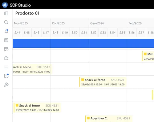 Schermata del software di pianificazione della produzione con calendario e controllo ordini