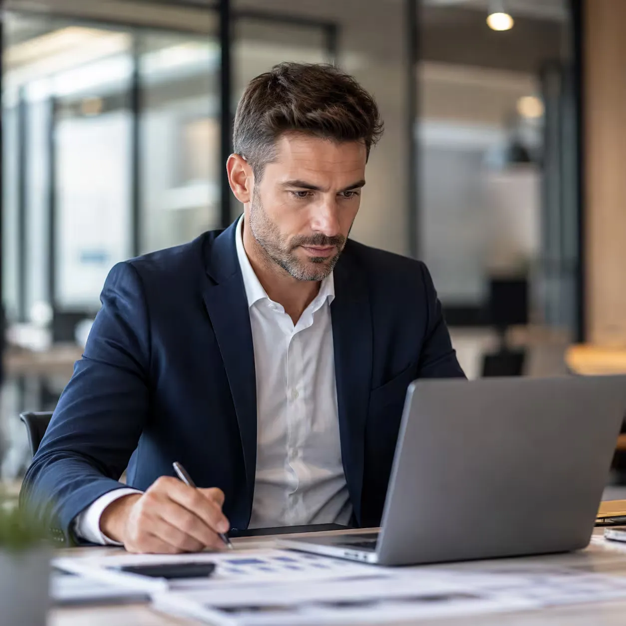 Procurement director reviewing supplier allocation in an office. Procurement director reviewing supplier allocation in an office.